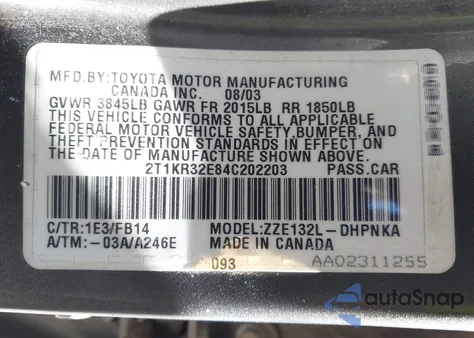 2004 Toyota Matrix Xr z USA, uszkodzony, nr VIN 2T1KR32E84C202203